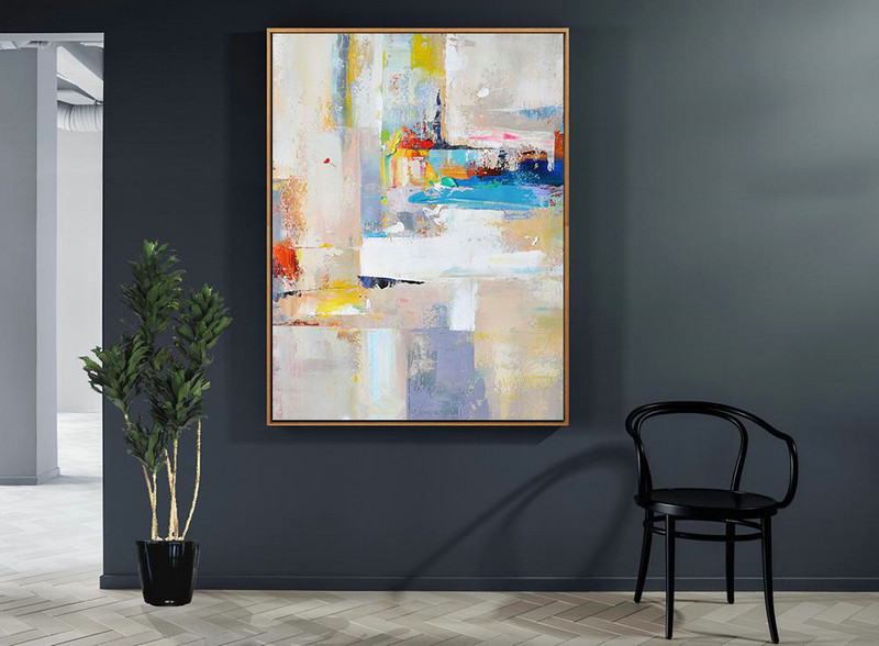 Large Abstract Art,Vertical Palette Knife Contemporary Art,Hand Paint Large Art Beige,White,Blue,Red,Yellow,Pink